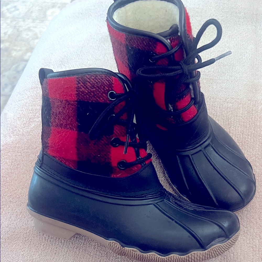 Cozy Black and Red Plaid Kids Snow Boots